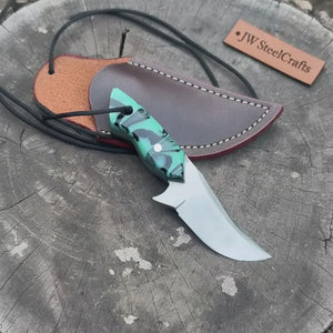 Neck Knife with Leather Sheath – Mini Damascus Pattern Blade | Green Resin Handle | JW SteelCrafts by JW SteelCrafts, leather knife sheath detail photo 12