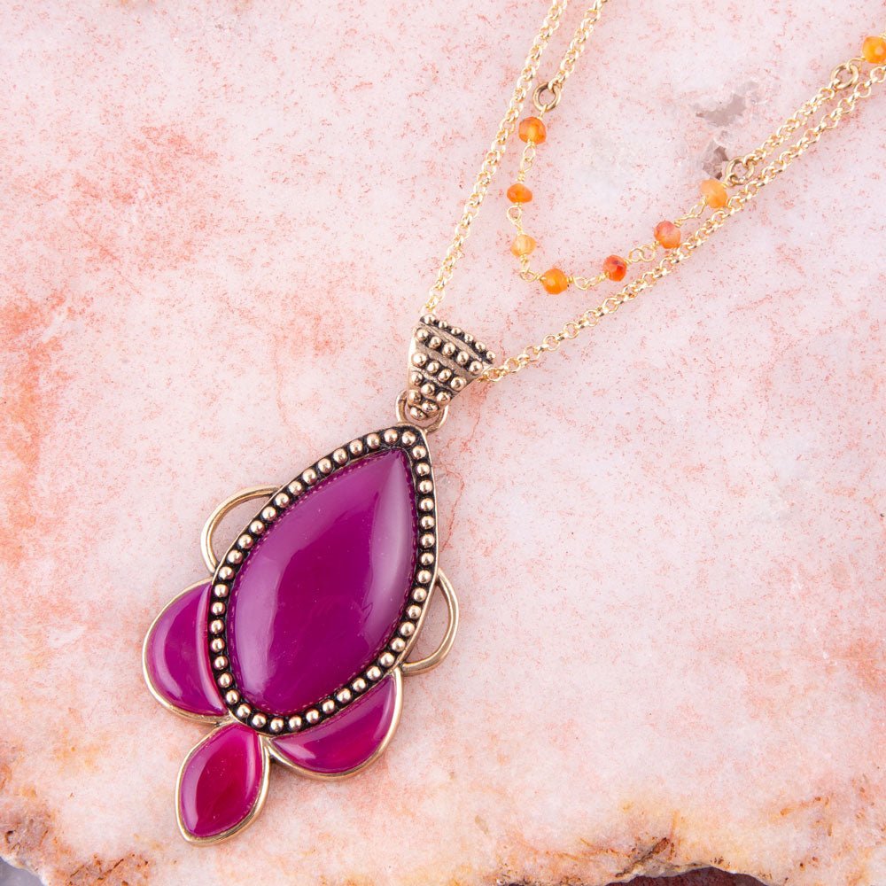 Neims Pink Carnelian Golden Pendant Necklace detail view by Barse Jewelry