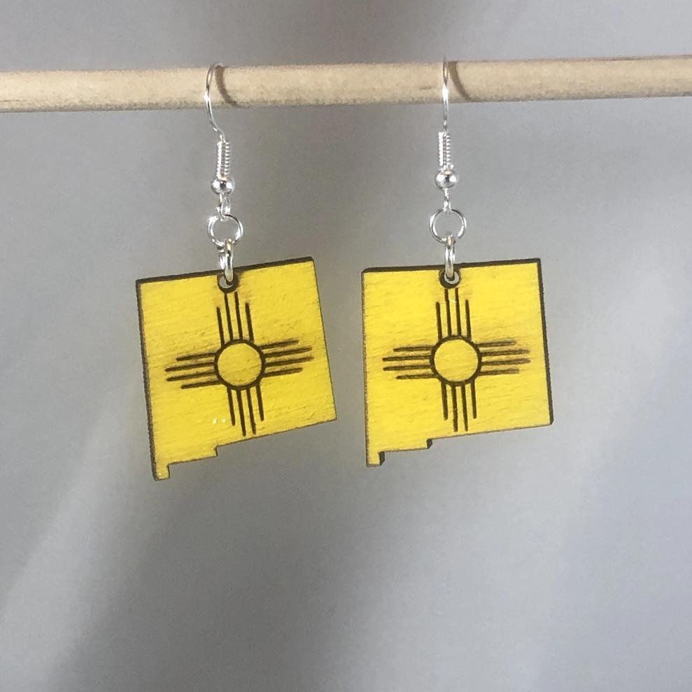 New Mexico Zia Wooden Dangle Earrings | State Symbol Jewelry detail view by Cate's Concepts, LLC