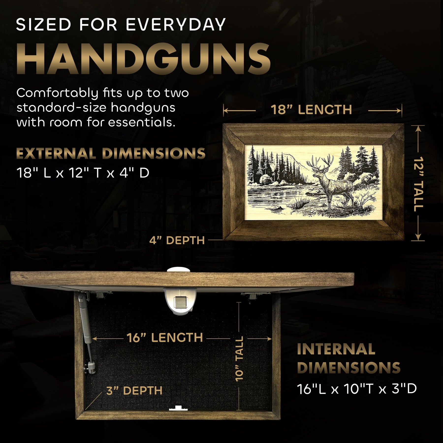 Deer Stream Buck Mountains Gun Concealment Furniture - Handcrafted Hidden Gun Storage Wall Decor - Hidden Safe Furniture with