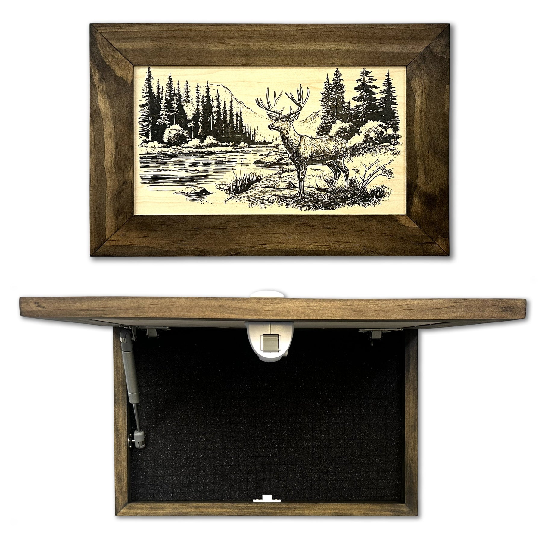 Deer Stream Buck Mountains Gun Concealment Furniture - Handcrafted Hidden Gun Storage Wall Decor - Hidden Safe Furniture with