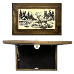 Deer Stream Buck Mountains Gun Concealment Furniture - Handcrafted Hidden Gun Storage Wall Decor - Hidden Safe Furniture with