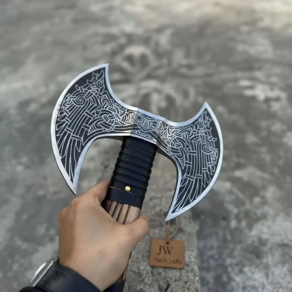 Hand Engraved Double Headed Viking Axe with Nordic Knotwork and Leather Wrapped Handle by JW SteelCrafts, handmade axe detail photo 2