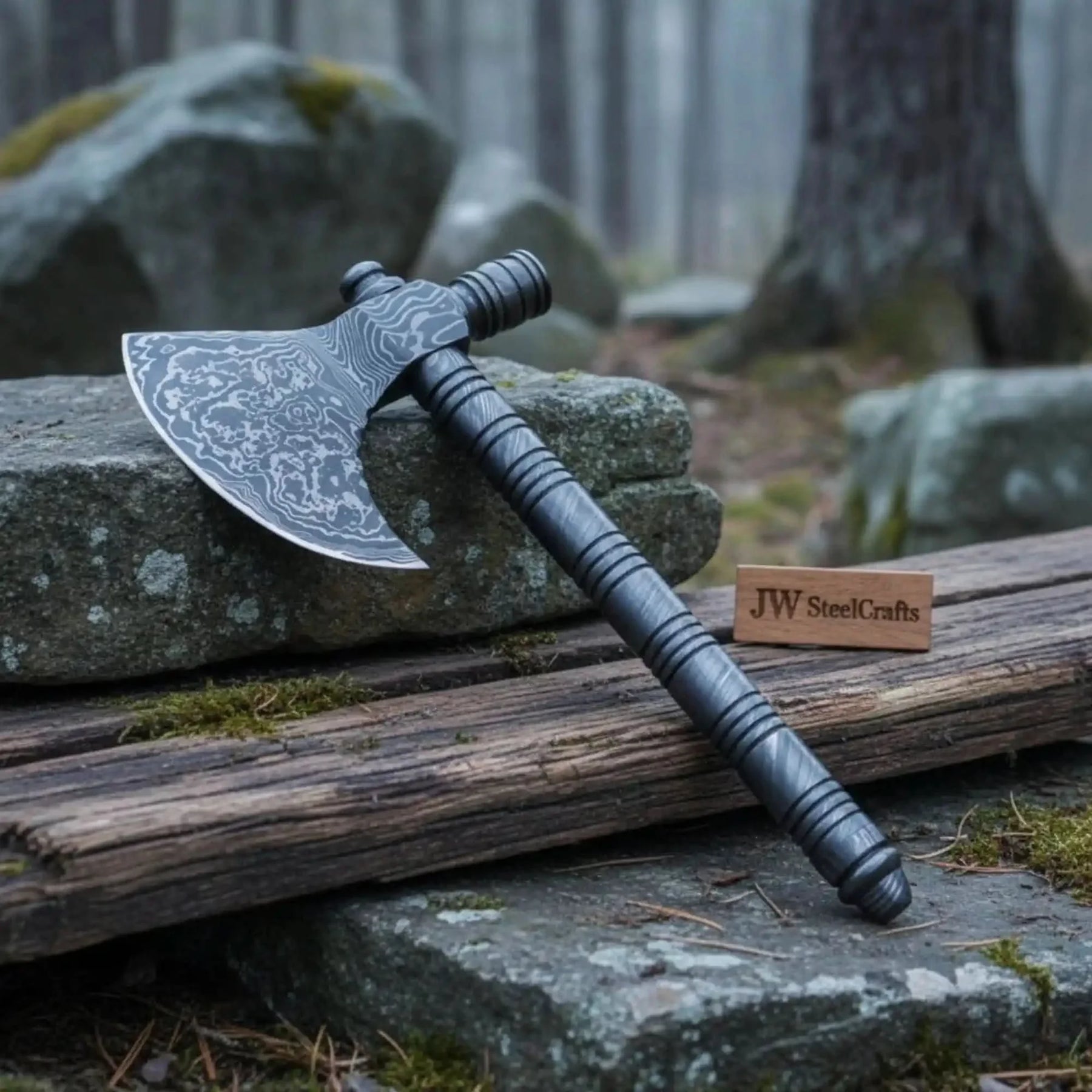 Artisan Damascus Smoking Axe – Functional Tobacco Pipe with Sculpted Hardwood Shaft by JW SteelCrafts, Southern handmade gift main product photo
