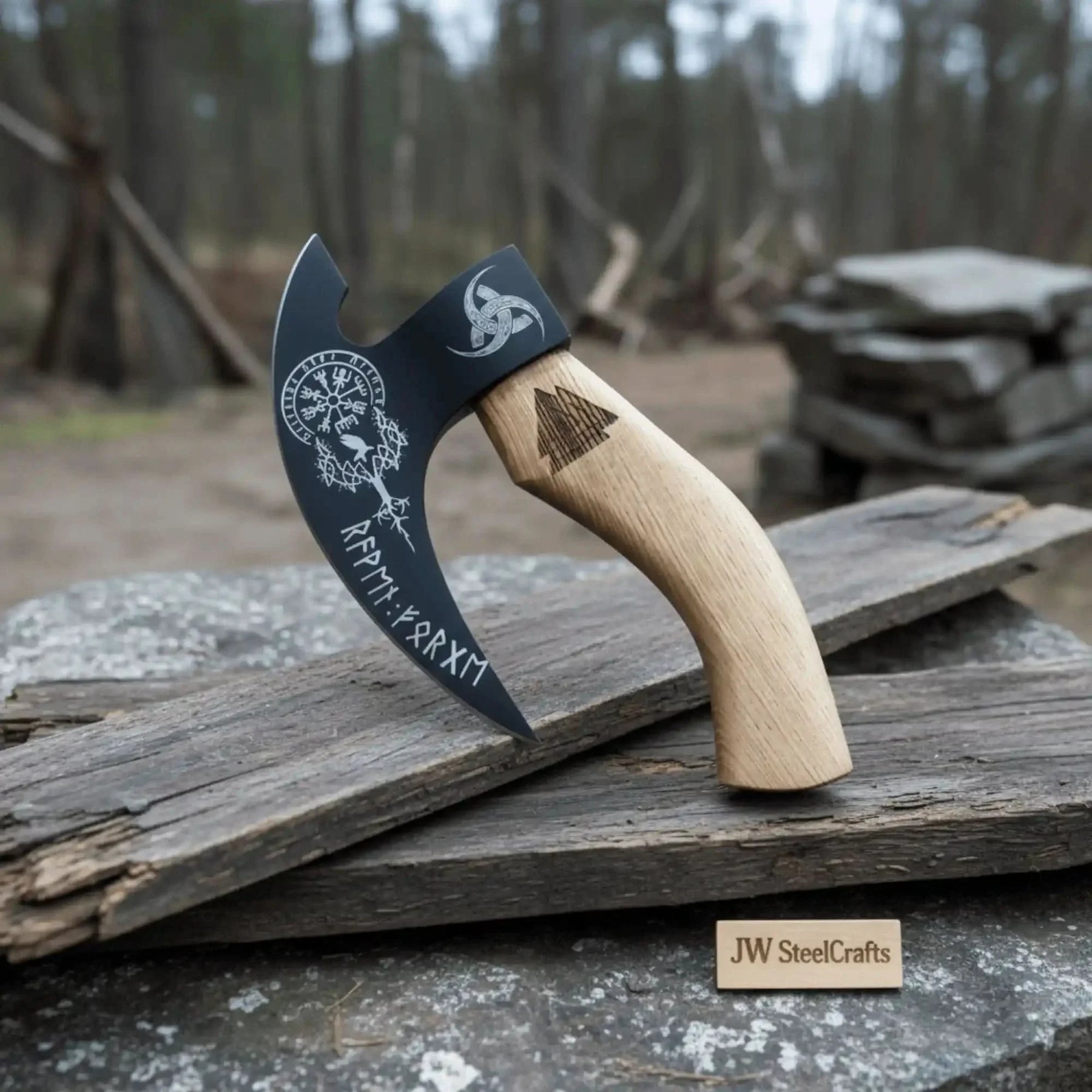 Viking Rune Engraved Bearded Axe Pizza Cutter — Carbon Steel Blade, Ash Wood Handle detail view by JW SteelCrafts