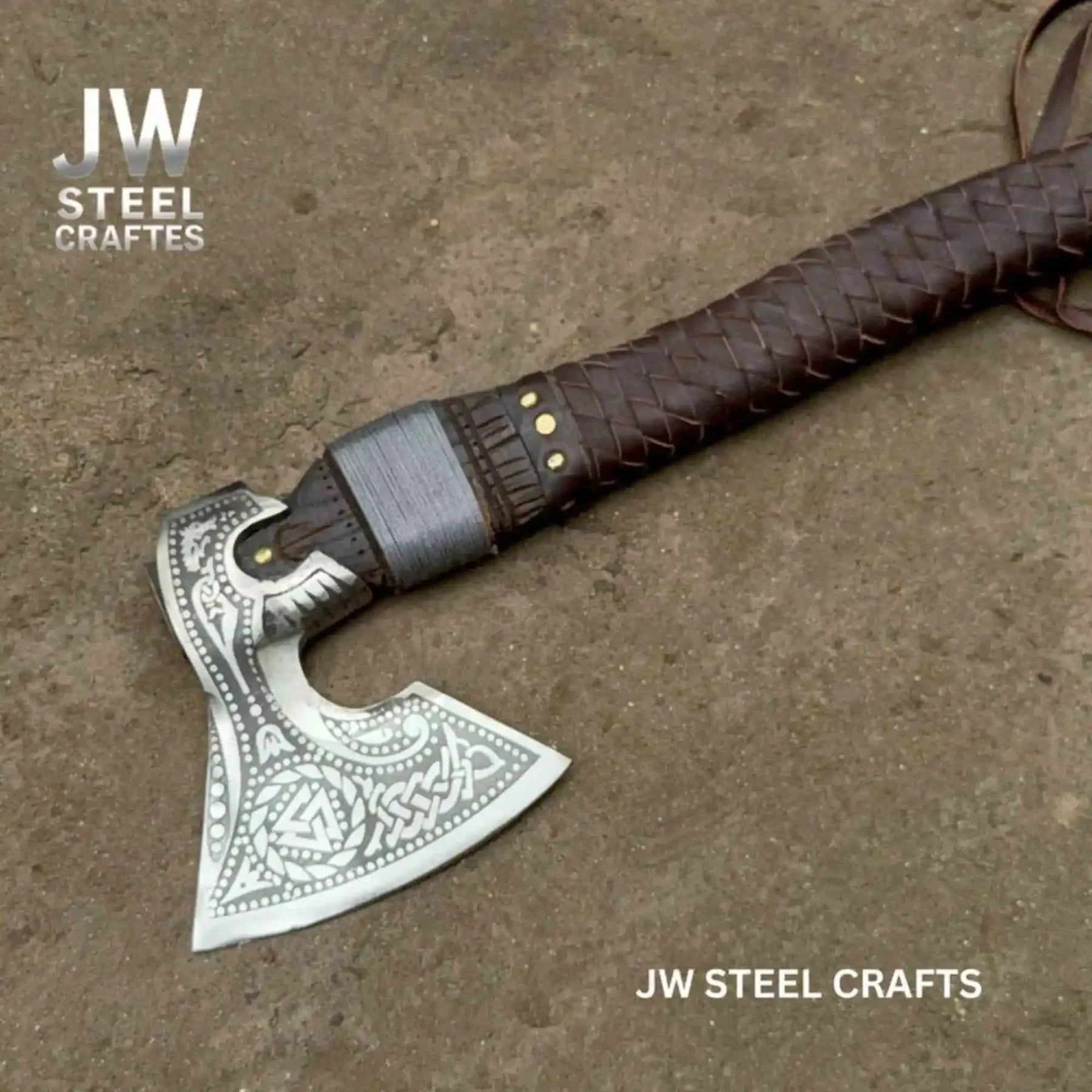 Viking Style Engraved Axe | Handcrafted Leather Wrapped Handle by JW SteelCrafts, handmade axe detail photo 12