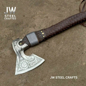 Viking Style Engraved Axe | Handcrafted Leather Wrapped Handle by JW SteelCrafts, handmade axe detail photo 12