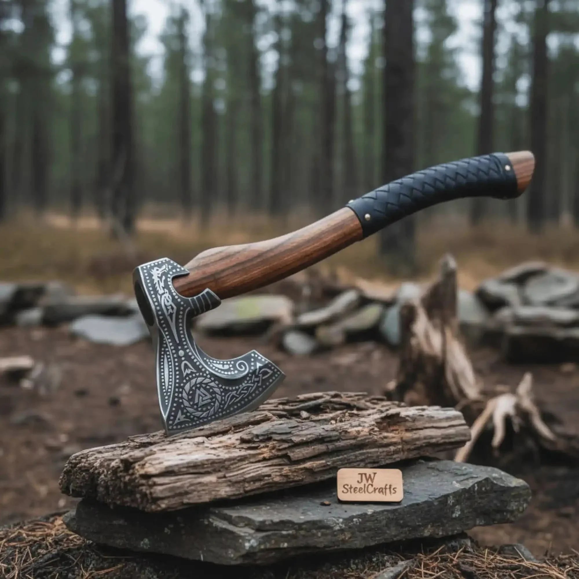 Norse Engraved Camp Hatchet with Leather Wrapped Handle and Belt Sheath | JW SteelCrafts by JW SteelCrafts, leather knife sheath detail photo 2