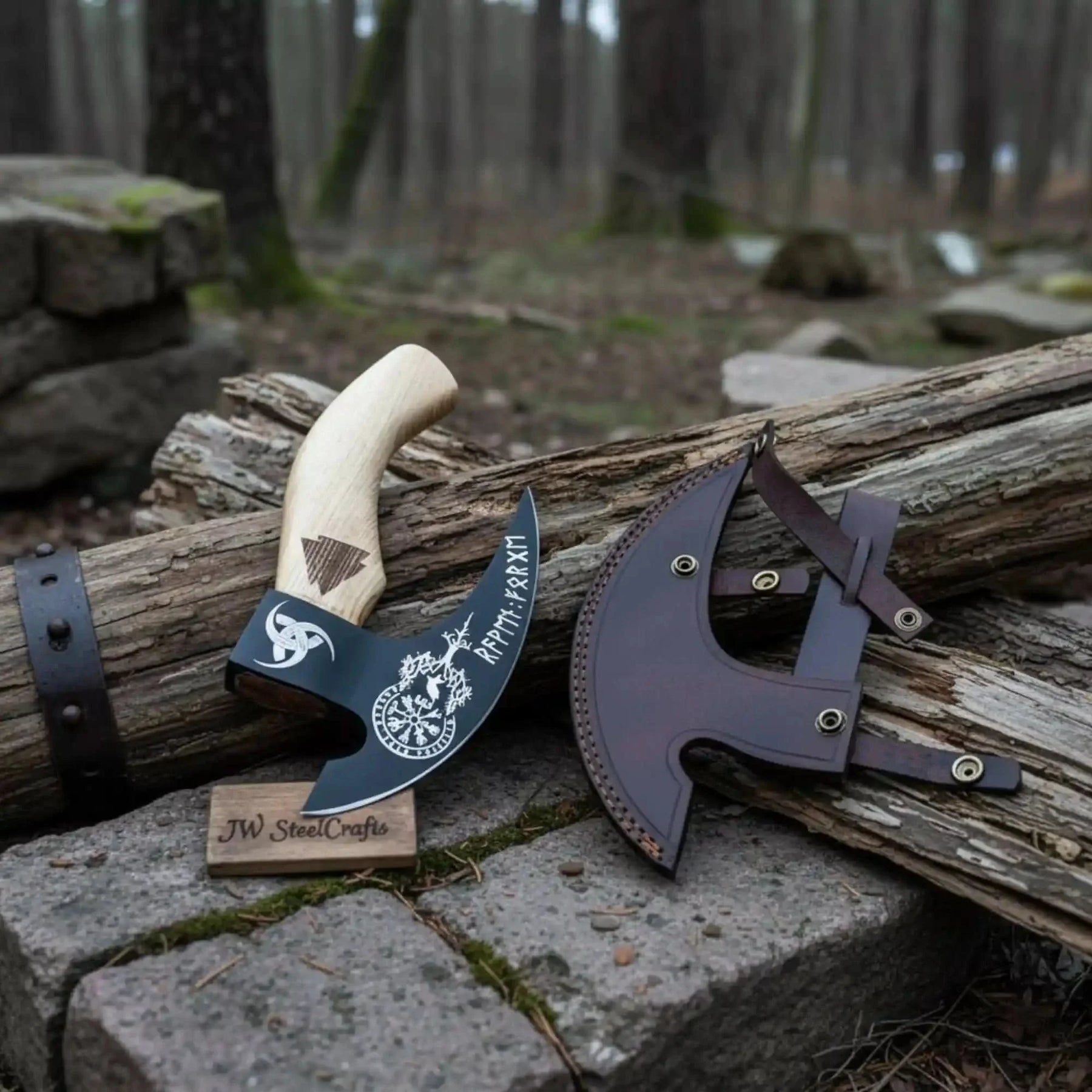 Viking Rune Engraved Bearded Axe Pizza Cutter — Carbon Steel Blade, Ash Wood Handle detail view by JW SteelCrafts