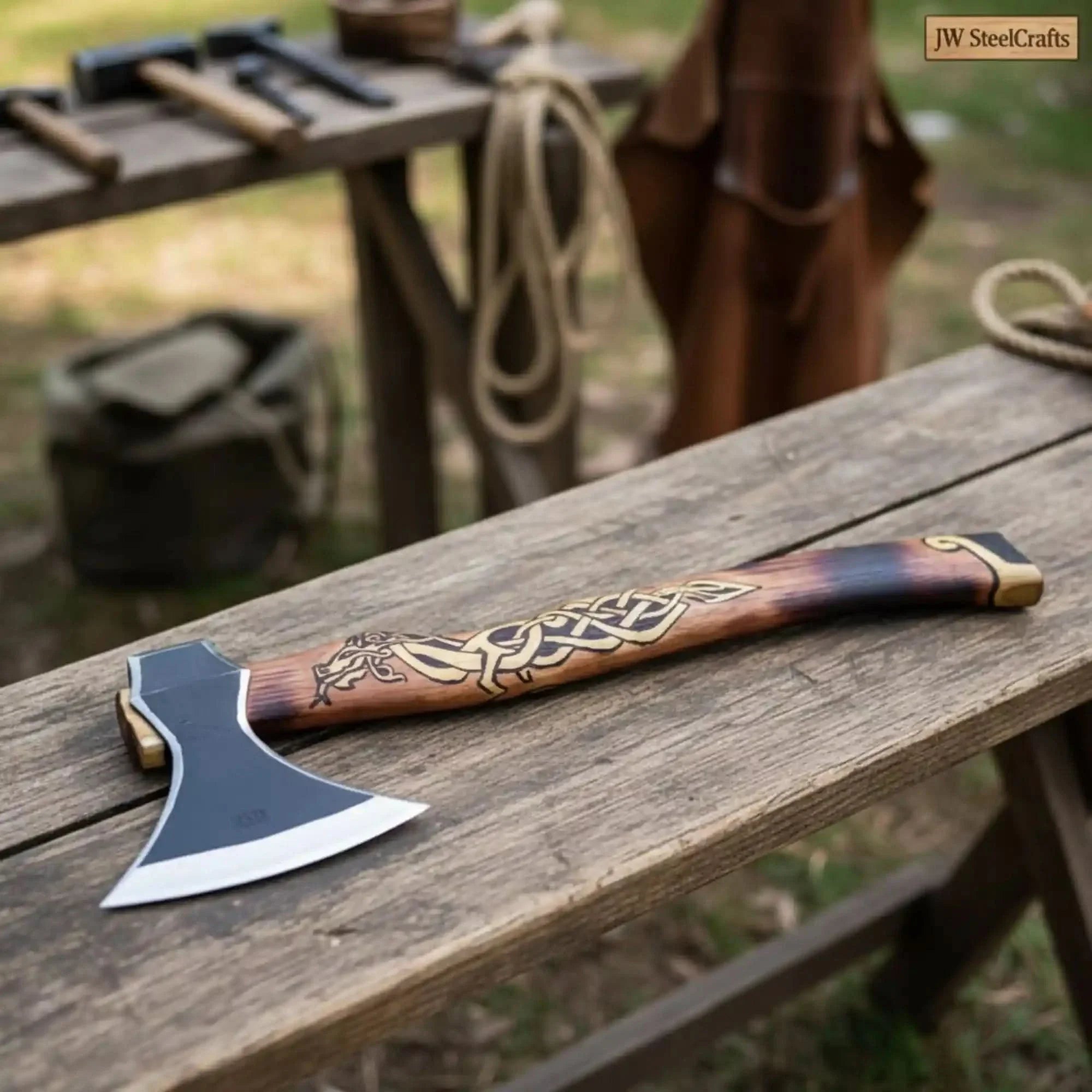 Hand-Forged Viking Bearded Camp Axe with Engraved Hardwood Handle by JW SteelCrafts, handmade axe main product photo