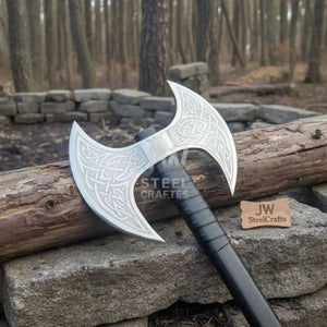 Custom Handmade Double-Headed Viking Axe with Nordic Knotwork Engravings and Cord-Wrapped Handle detail view by JW