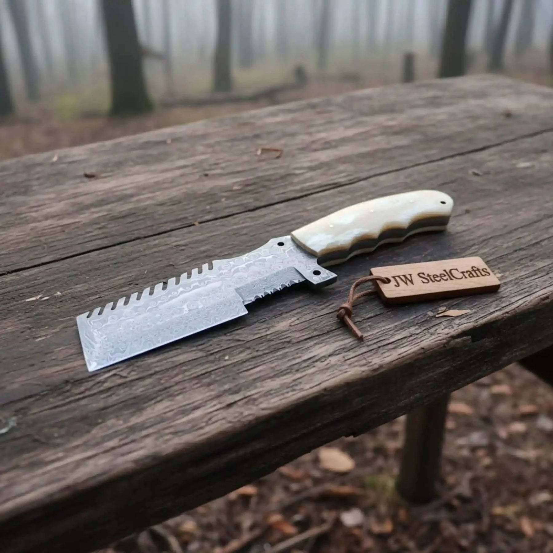 Handmade Damascus Tracker Knife with Bone Handle, Fixed Blade by JW SteelCrafts, Damascus knife main product photo