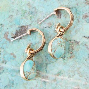 Nova Half-Hoop Blue Turquoise and Golden Earrings detail view by Barse Jewelry