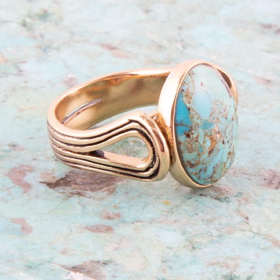 Nova Blue Turquoise and Golden Oval Ring detail view by Barse Jewelry