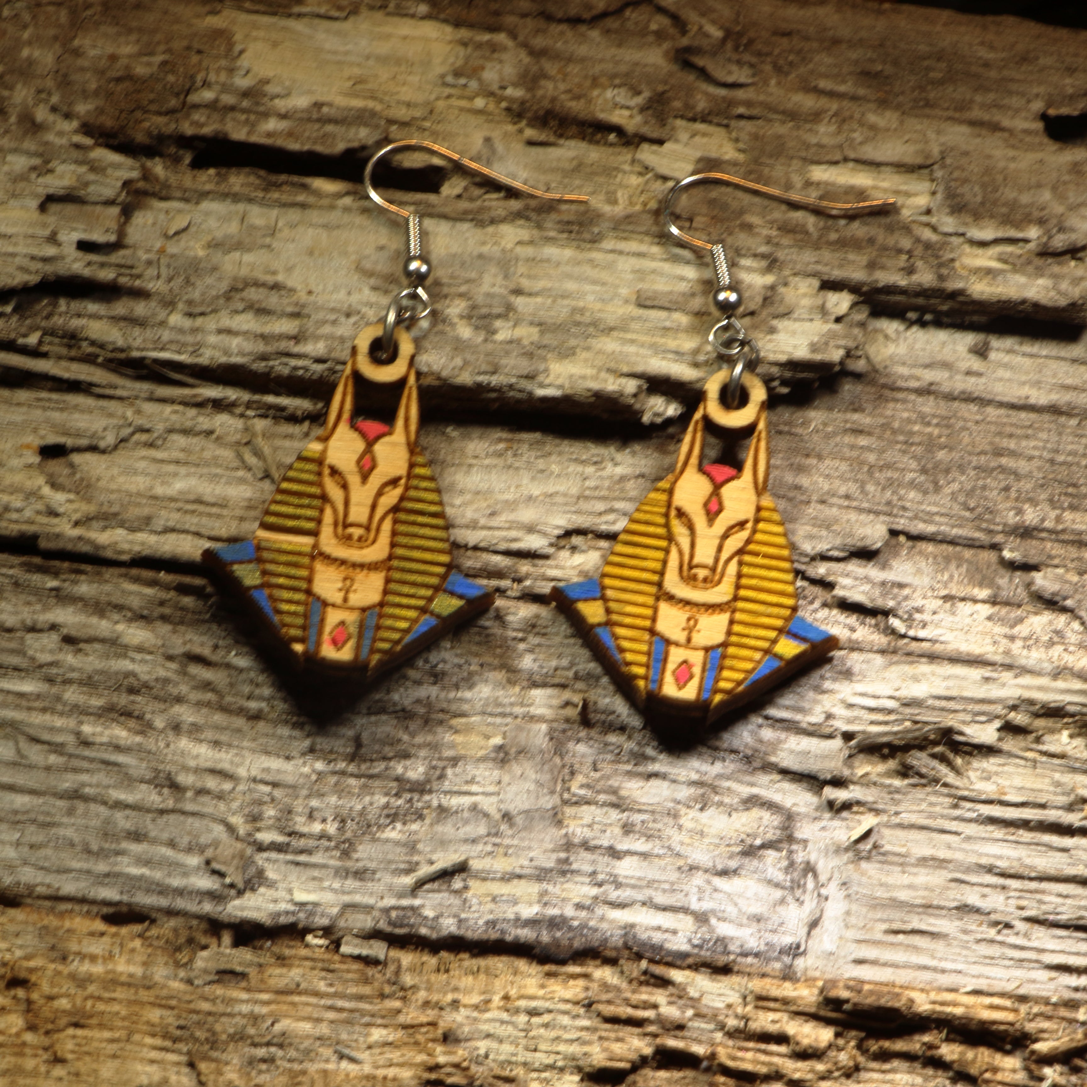 Anubis Wooden Dangle Earrings | Egyptian Mythology Jewelry by Cate's Concepts, LLC