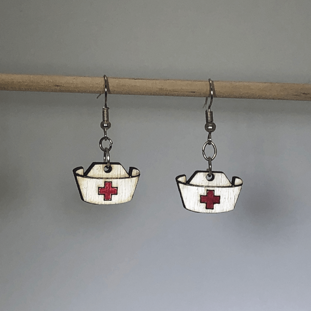 Nurse Hat Wooden Dangle Earrings | Medical Jewelry Gift detail view by Cate's Concepts, LLC
