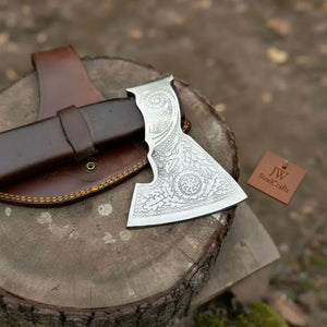 Viking Bearded Axe with Norse Engraved Blade and Leather Sheath by JW SteelCrafts, leather knife sheath detail photo 6