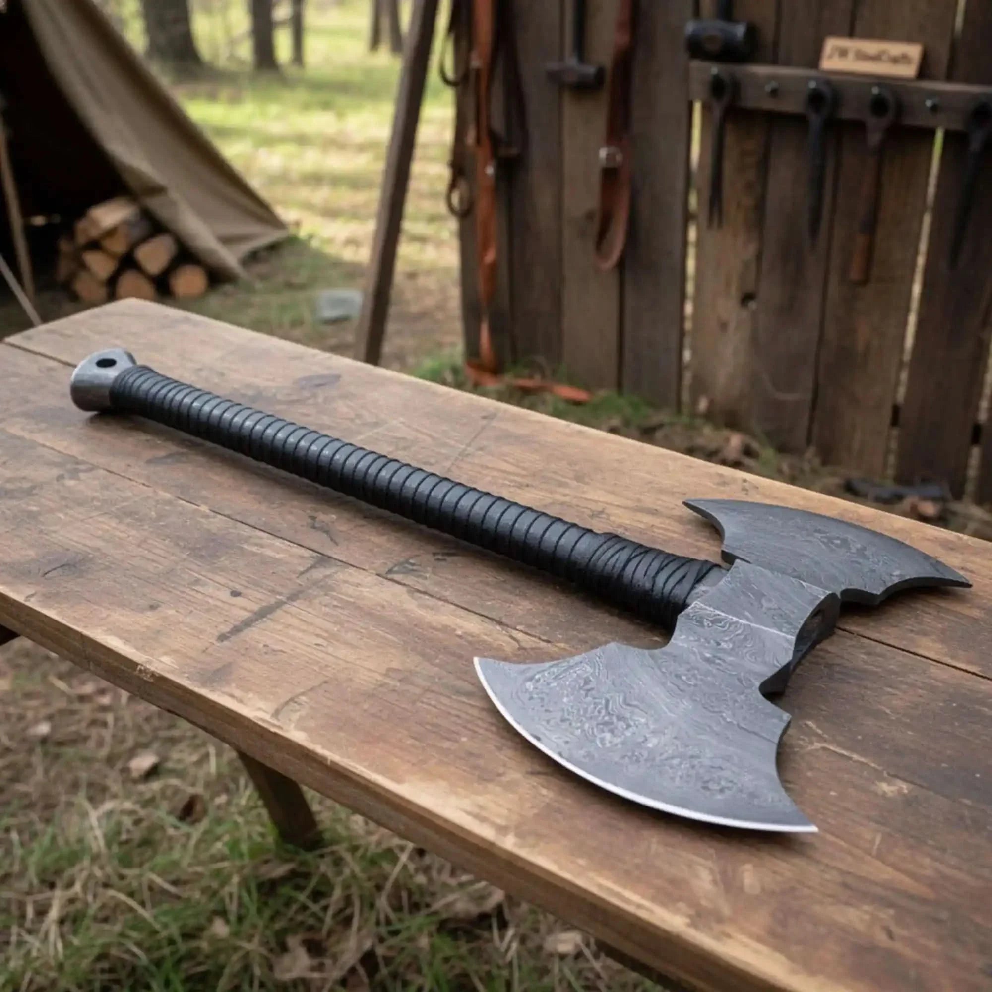 Historic Viking Skeggøx Bearded Axe — Extended 22” Handle, Functional Damascus Edge by JW SteelCrafts, Southern handmade gift main product photo