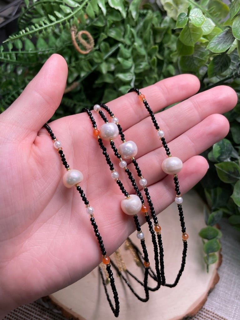 Obsidian and Freshwater Pearl Choker Necklace detail view by Copper Ashes