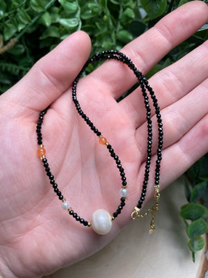Obsidian and Freshwater Pearl Choker Necklace by Copper Ashes