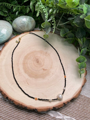 Obsidian and Freshwater Pearl Choker Necklace detail view by Copper Ashes
