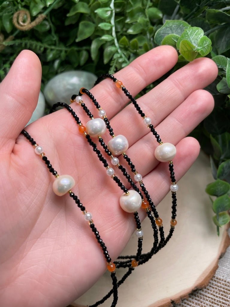 Obsidian and Freshwater Pearl Choker Necklace detail view by Copper Ashes