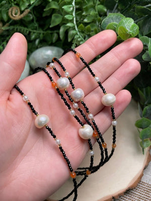 Obsidian and Freshwater Pearl Choker Necklace detail view by Copper Ashes