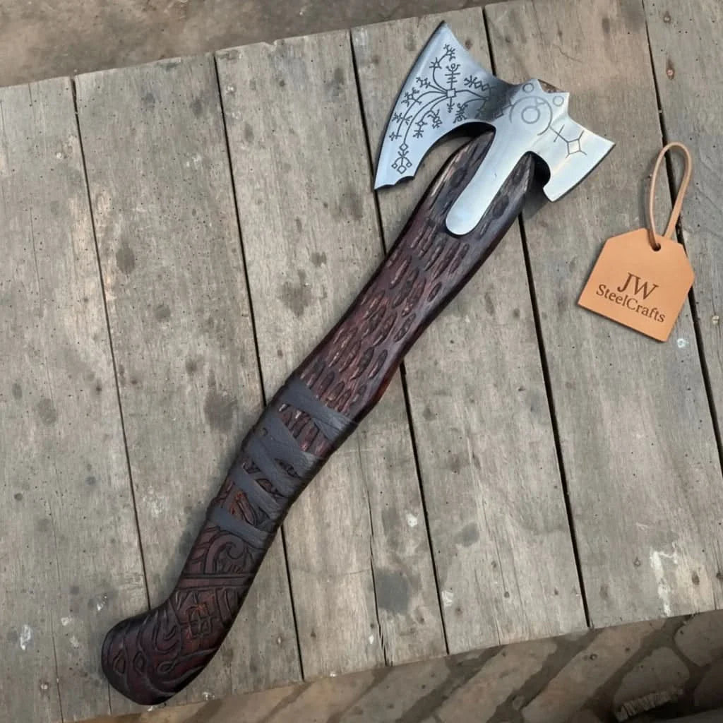 Handmade Viking Double-Bit Carbon Steel Axe with Norse Rune Etching and Engraved Hardwood Handle by JW SteelCrafts, Southern lifestyle apparel detail photo 7