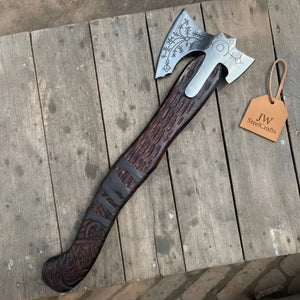 Handmade Viking Double-Bit Carbon Steel Axe with Norse Rune Etching and Engraved Hardwood Handle by JW SteelCrafts, Southern lifestyle apparel detail photo 7