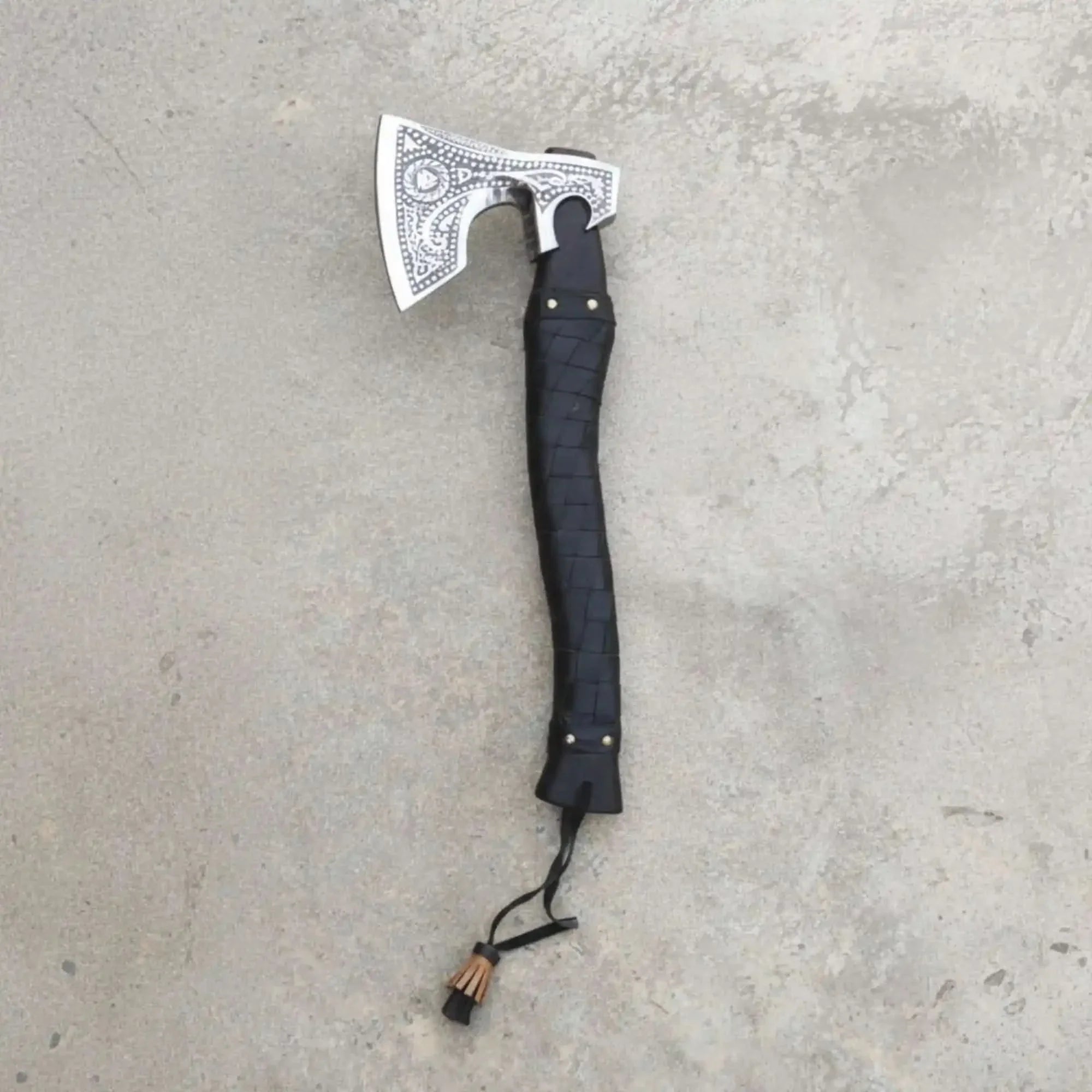 Handmade Viking Axe with High Carbon Steel Blade, Custom Engraving and Leather Sheath by JW SteelCrafts, leather knife sheath detail photo 2