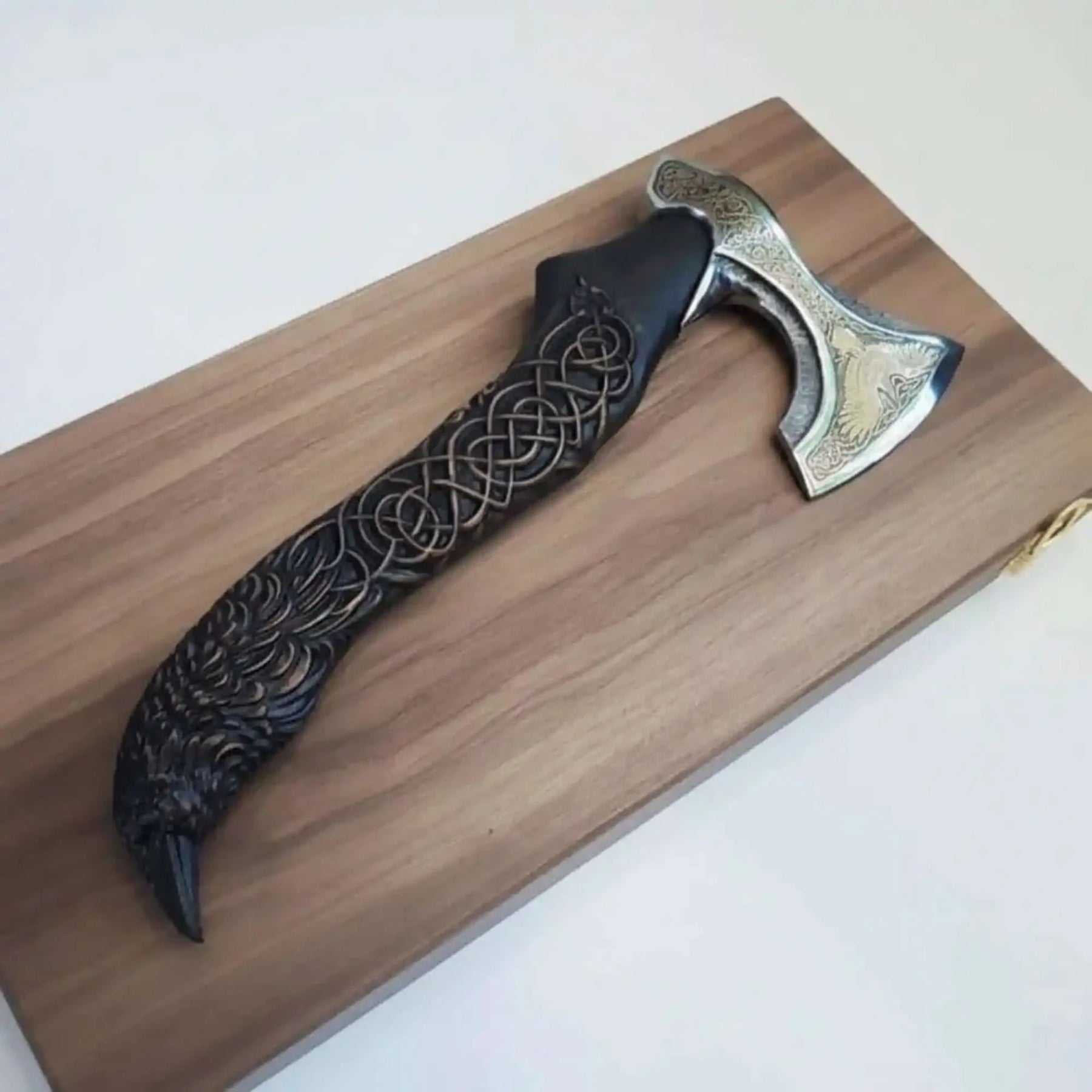 Handcrafted Viking-Style Bearded Axe with Engraved Steel Head and Carved Hardwood Handle by JW SteelCrafts, Southern lifestyle apparel detail photo 3
