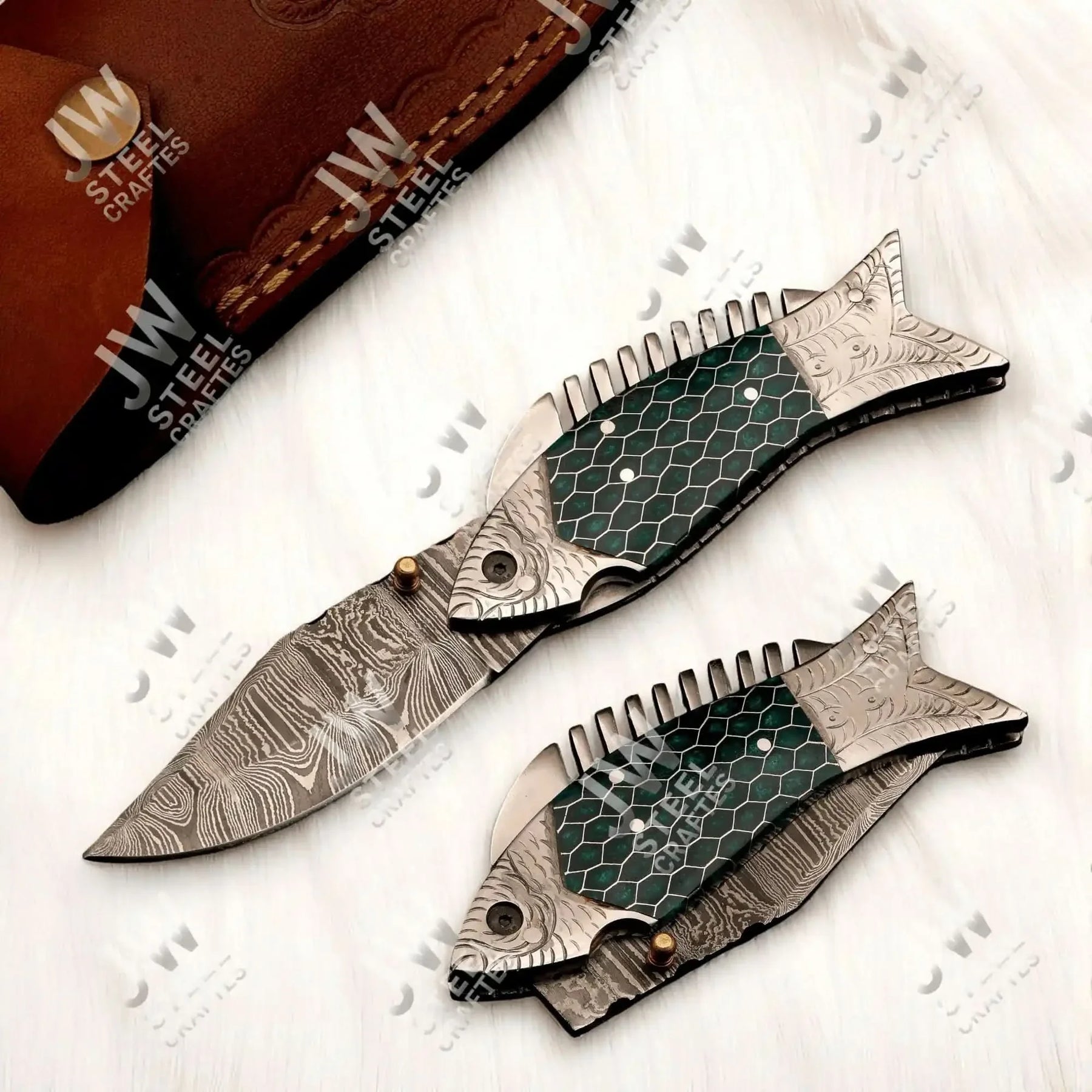 Handmade Damascus Folding Knife with Green Honeycomb Handle and Liner Lock by JW SteelCrafts, Damascus knife main product photo