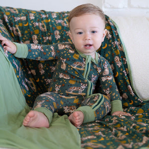 Additional view of Ocelot reversible bamboo blanket with hand drawn animal print
