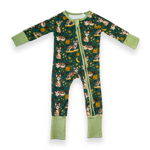 Additional view of Ocelot bamboo baby zip pajamas with hand drawn animal print