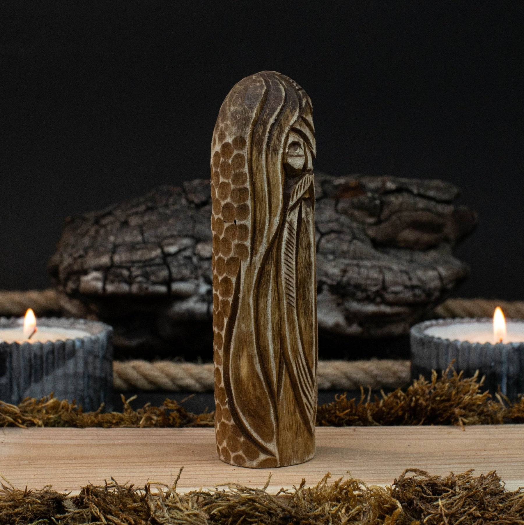 Odin Figurine – 13 cm (5.1 inches) Hand-Carved Wooden Norse God Statue detail view by Sharky Forged Steel Tools