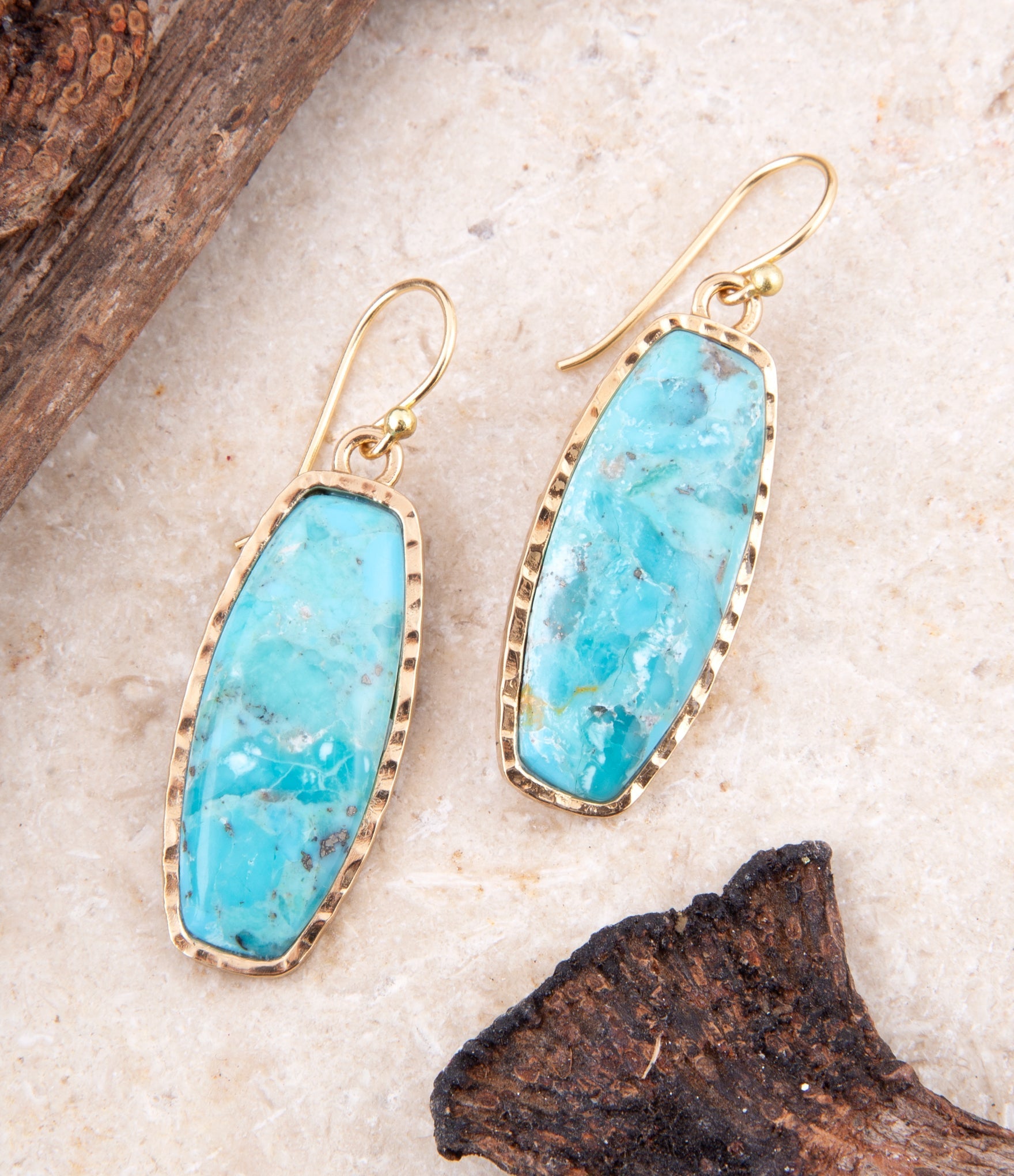 Odyssey Long Blue Turquoise and Golden Statement Earrings detail view by Barse Jewelry