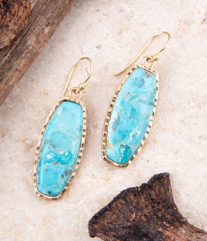 Odyssey Long Blue Turquoise and Golden Statement Earrings detail view by Barse Jewelry
