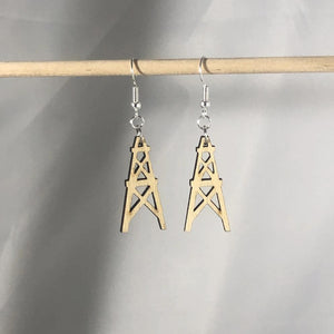 Oil Derrick Wooden Dangle Earrings | Oilfield Industrial Jewelry detail view by Cate's Concepts, LLC