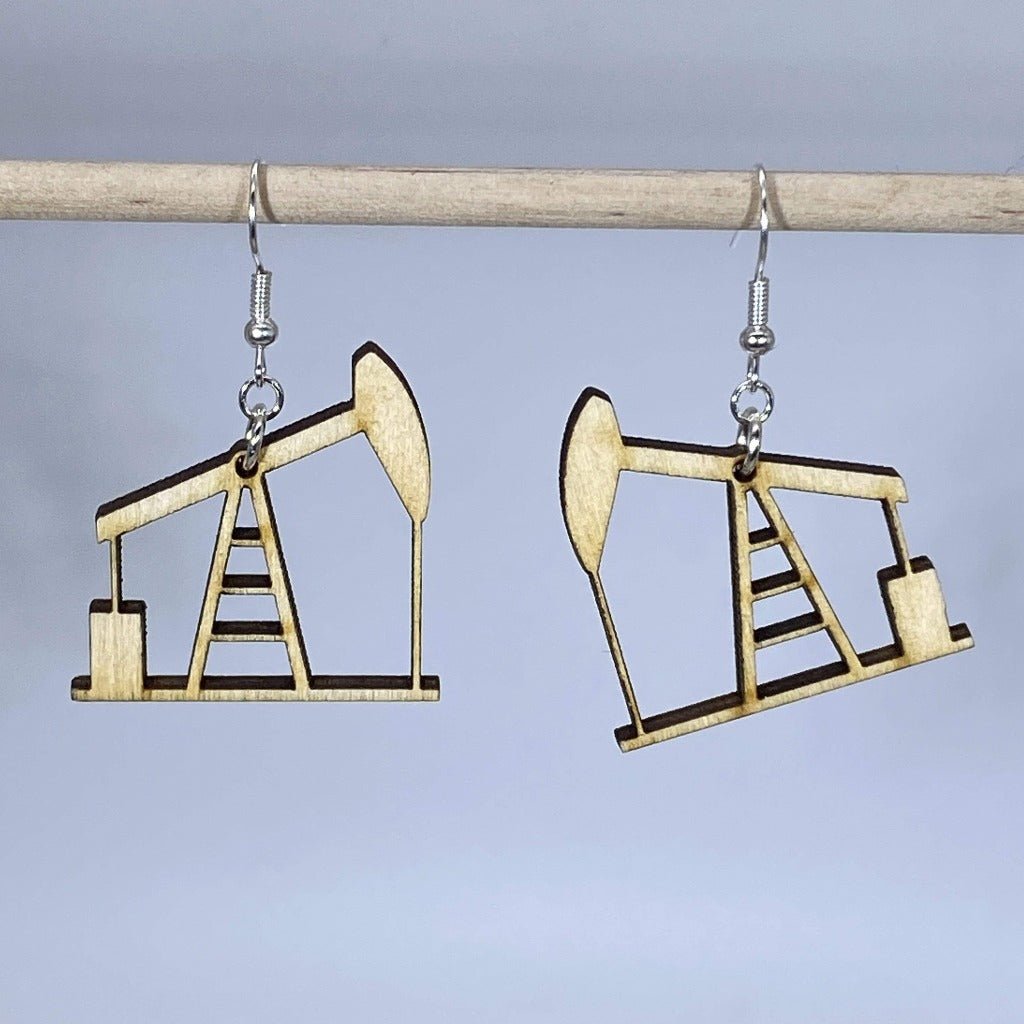 Oil Rig Pump Jack Wooden Dangle Earrings | Industrial Jewelry
