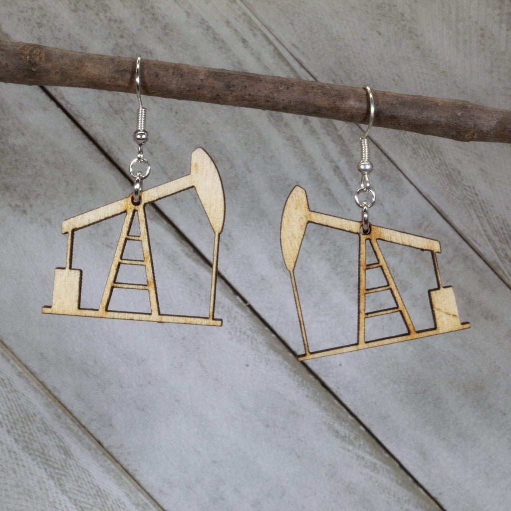 Oil Rig Pump Jack Wooden Dangle Earrings | Industrial Jewelry detail view by Cate's Concepts, LLC