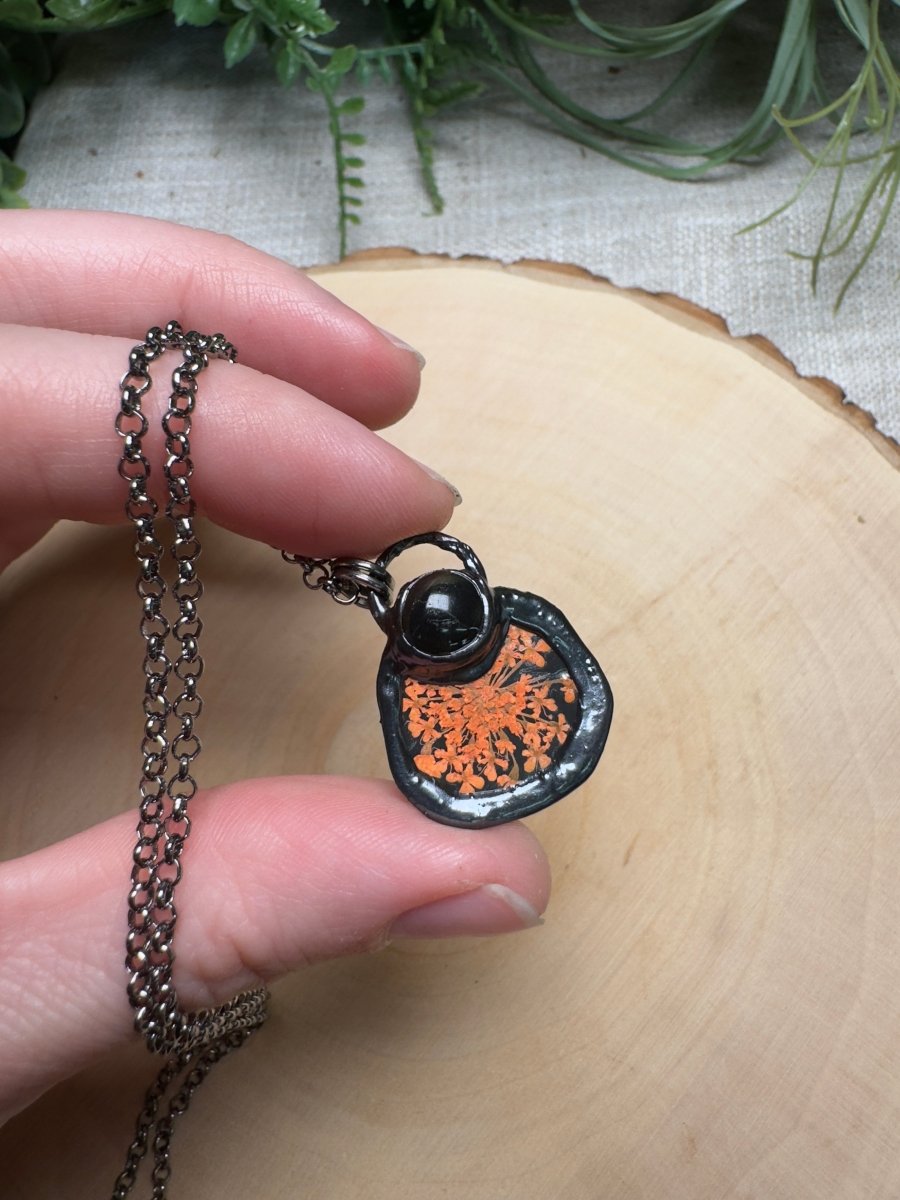 Ondina- Obsidian and Flower Necklace detail view by Copper Ashes