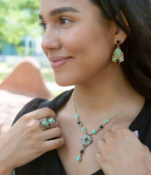 Barcelona Black Onyx and Blue Turquoise Golden Y-Necklace detail view by Barse Jewelry