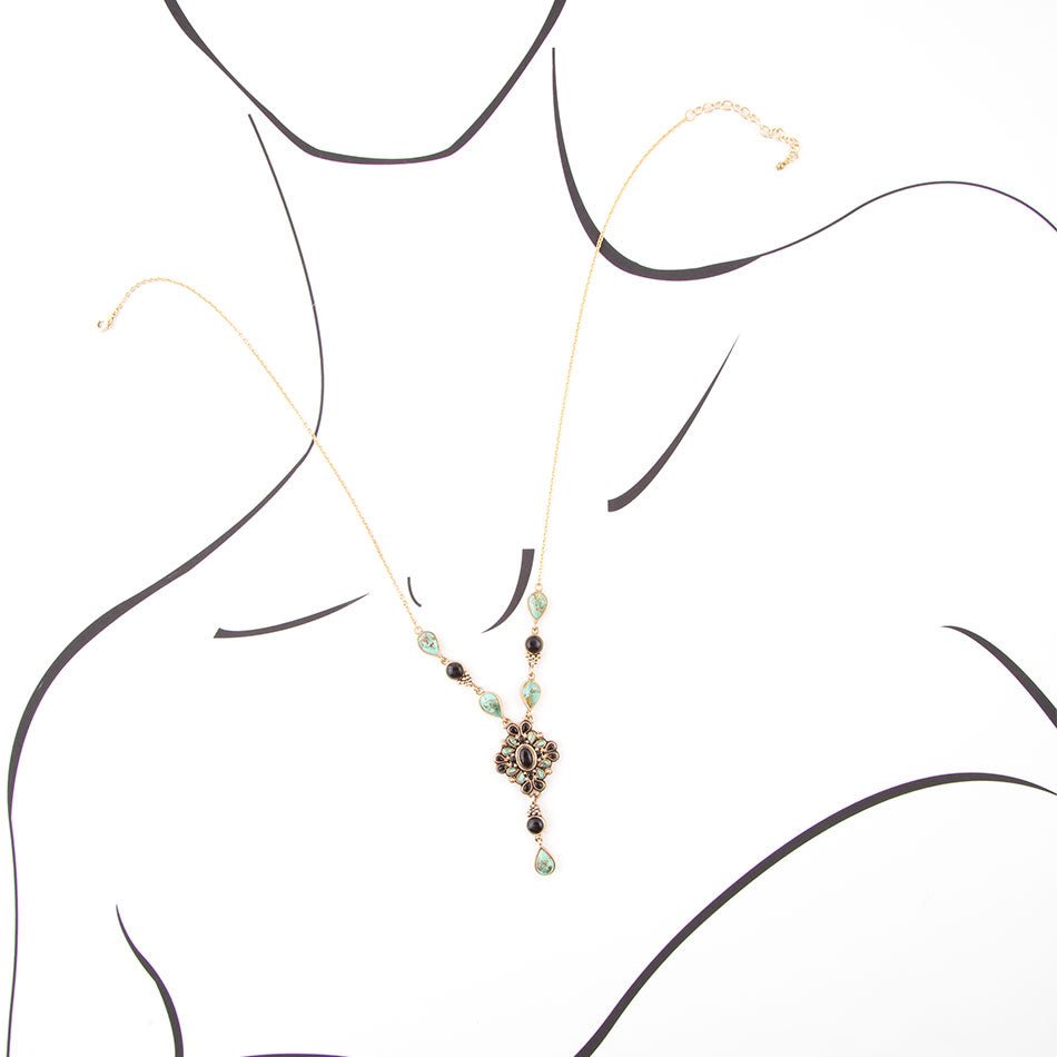 Barcelona Black Onyx and Blue Turquoise Golden Y-Necklace detail view by Barse Jewelry