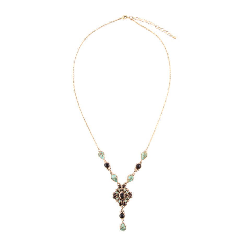 Barcelona Black Onyx and Blue Turquoise Golden Y-Necklace detail view by Barse Jewelry