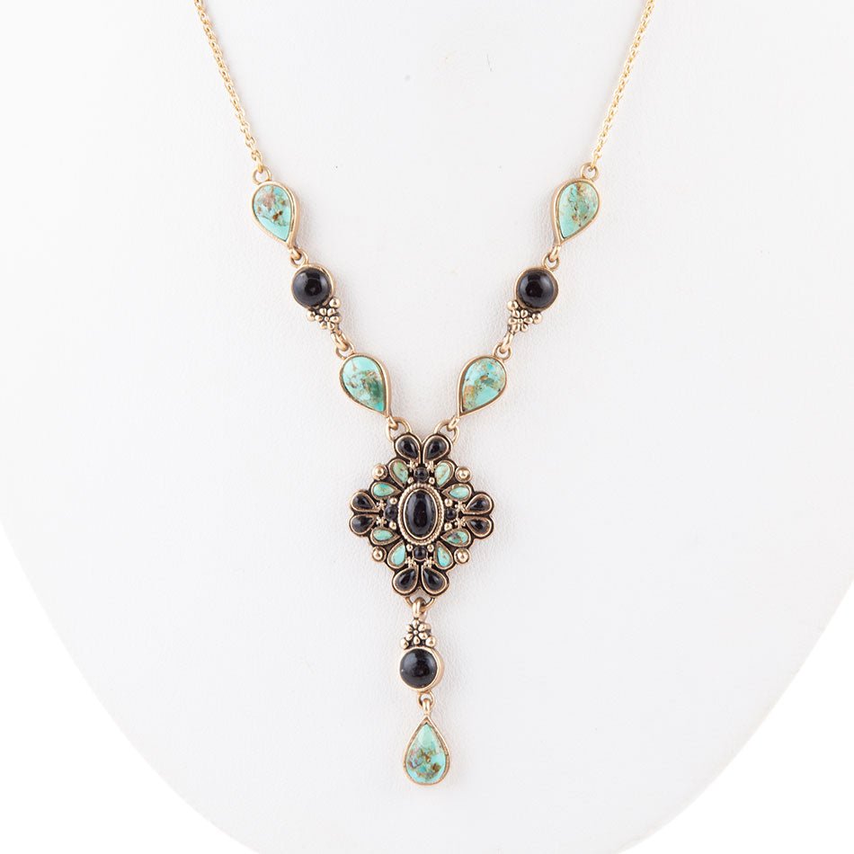 Barcelona Black Onyx and Blue Turquoise Golden Y-Necklace by Barse Jewelry
