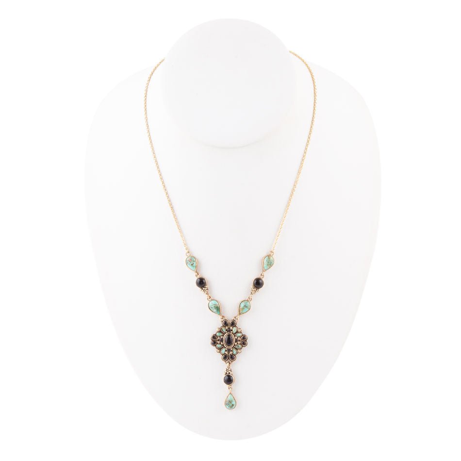 Barcelona Black Onyx and Blue Turquoise Golden Y-Necklace detail view by Barse Jewelry