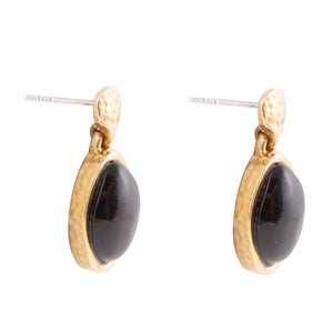 Black Onyx Hammered Post Drop Golden Earrings detail view by Barse Jewelry