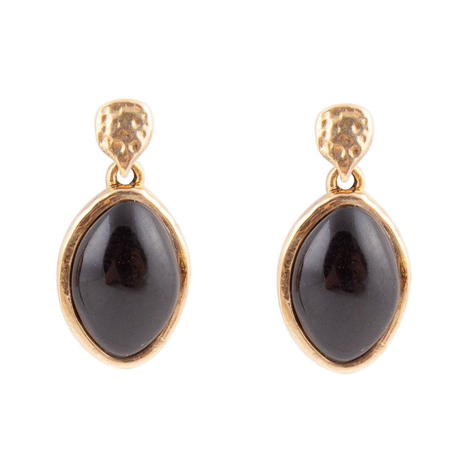 Black Onyx Hammered Post Drop Golden Earrings by Barse Jewelry