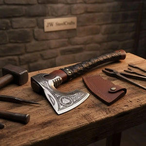 Viking Rune Engraved Bearded Hatchet with Leather Wrapped Handle by JW SteelCrafts, Southern lifestyle apparel detail photo 2