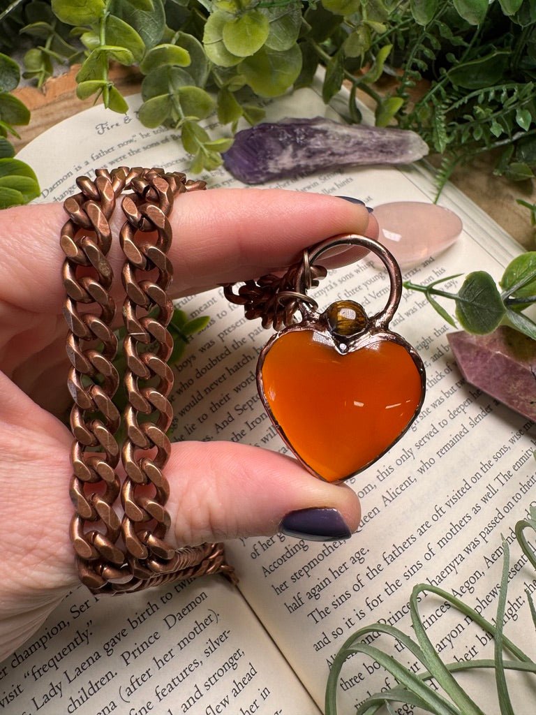Orange Agate Heart and Tigers Eye Necklace detail view by Copper Ashes